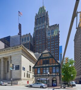 10 Light Street's art deco western facade towers over the Tudoresque FedEx office at 11 South Charles Street.
