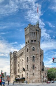 101 Arlington Street/130 Columbus Avenue, is Boston's historic Armory of the First Corps of Cadets, is now an events venue dubbed Castle at Park Plaza.