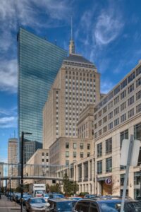 200 Clarendon Street looms in the background behind 200 Berkeley building. The glass bridge joins Liberty Tower (not seen) with its conference center.