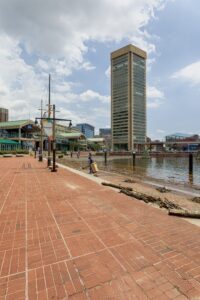 The five-sided World Trade Center dominates the waterfront at Harborside. The tower includes a visitor center and Top of the World Observation Level.