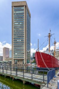 World Trade Center Baltimore towers over US Coast Guard Lightship Chesapeake. Both are Inner Harbor tourist attractions.