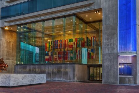 Baltimore's World Trade Center on East Pratt Street is a prominent attraction of the Inner Harbor.