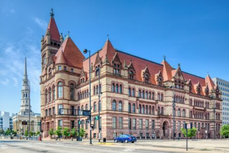 Cincinnati City Hall, seat of the municipal government, was built in 1894 and designed by Samuel Hannaford & Sons in the Richardson Romanesque style.