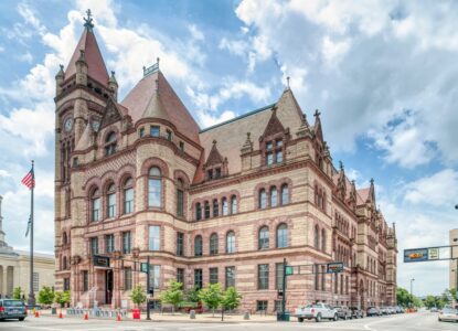 Cincinnati City Hall, seat of the municipal government, was built in 1894 and designed by Samuel Hannaford & Sons in the Richardson Romanesque style.
