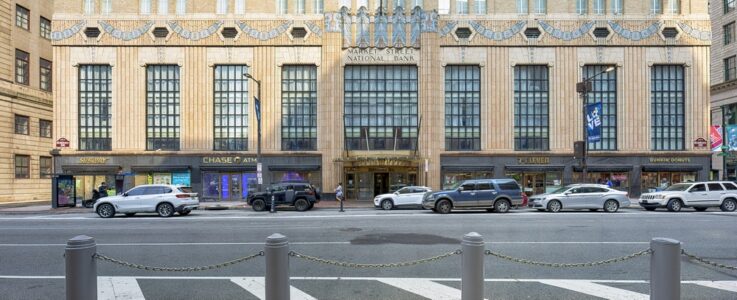 1319 Market Street, the Art Deco landmark Market Street National Bank, faces Philadelphia City Hall. The former bank building has been converted to a Residence Inn by Marriott hotel.