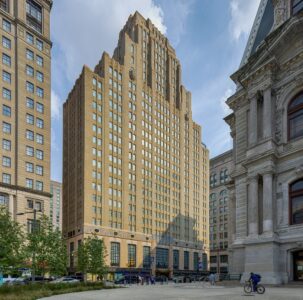 1319 Market Street, the Art Deco landmark Market Street National Bank, faces Philadelphia City Hall. The former bank building has been converted to a Residence Inn by Marriott hotel.