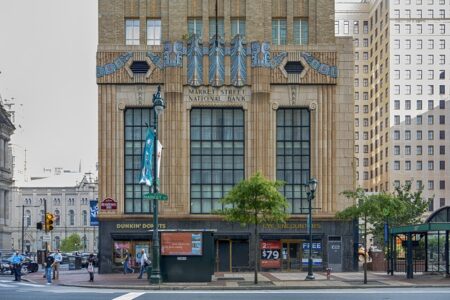 1319 Market Street, the Art Deco landmark Market Street National Bank, faces Philadelphia City Hall. The former bank building has been converted to a Residence Inn by Marriott hotel.