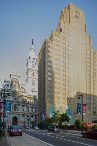1319 Market Street, the Art Deco landmark Market Street National Bank, faces Philadelphia City Hall. The former bank building has been converted to a Residence Inn by Marriott hotel.