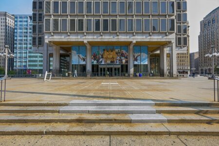 Municipal Services Building is set in a broad plaza across John F Kennedy Boulevard from Philadelphia City Hall.