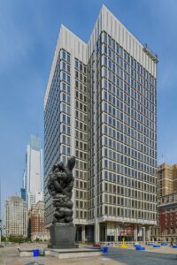 Municipal Services Building is set in a broad plaza across John F Kennedy Boulevard from Philadelphia City Hall.