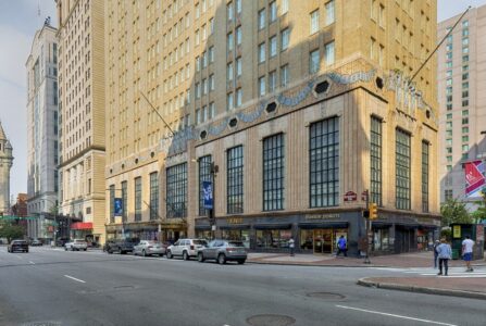 1319 Market Street, the Art Deco landmark Market Street National Bank, faces Philadelphia City Hall. The former bank building has been converted to a Residence Inn by Marriott hotel.