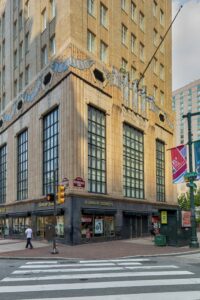 1319 Market Street, the Art Deco landmark Market Street National Bank, faces Philadelphia City Hall. The former bank building has been converted to a Residence Inn by Marriott hotel.