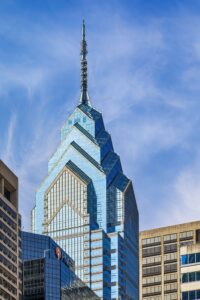 1650 Market Street, aka One Liberty Place, is often called "Philadelphia's Chrysler Building" for its graceful spire. The skyscraper was first to break the “gentlemen’s agreement” limiting heights to the height of City Hall’s statue of William Penn.