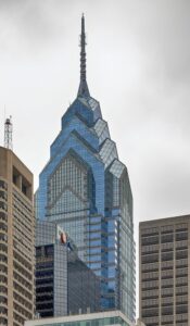 1650 Market Street, aka One Liberty Place, is often called "Philadelphia's Chrysler Building" for its graceful spire. The skyscraper was first to break the “gentlemen’s agreement” limiting heights to the height of City Hall’s statue of William Penn.