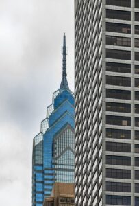 1650 Market Street, aka One Liberty Place, is often called "Philadelphia's Chrysler Building" for its graceful spire. The skyscraper was first to break the “gentlemen’s agreement” limiting heights to the height of City Hall’s statue of William Penn.
