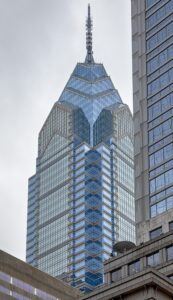 1650 Market Street, aka One Liberty Place, is often called "Philadelphia's Chrysler Building" for its graceful spire. The skyscraper was first to break the “gentlemen’s agreement” limiting heights to the height of City Hall’s statue of William Penn.