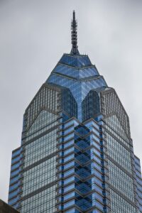 1650 Market Street, aka One Liberty Place, is often called "Philadelphia's Chrysler Building" for its graceful spire. The skyscraper was first to break the “gentlemen’s agreement” limiting heights to the height of City Hall’s statue of William Penn.