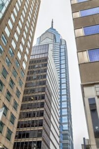 1650 Market Street, aka One Liberty Place, is often called "Philadelphia's Chrysler Building" for its graceful spire. The skyscraper was first to break the “gentlemen’s agreement” limiting heights to the height of City Hall’s statue of William Penn.