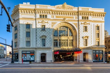 Majestic Theatre, 201 Washington Street, built in 1917 to plans of William R. Walker & Son. The ornate terra cotta facade now houses the Trinity Repertory Company.