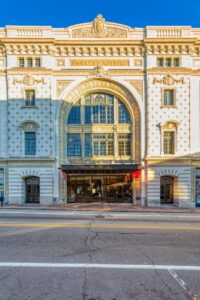 Majestic Theatre, 201 Washington Street, built in 1917 to plans of William R. Walker & Son. The ornate terra cotta facade now houses the Trinity Repertory Company.