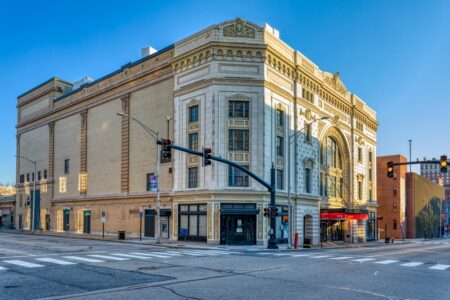 Majestic Theatre, 201 Washington Street, built in 1917 to plans of William R. Walker & Son. The ornate terra cotta facade now houses the Trinity Repertory Company.