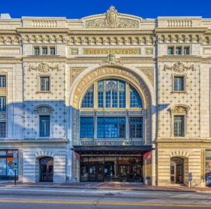 Majestic Theatre, 201 Washington Street, built in 1917 to plans of William R. Walker & Son. The ornate terra cotta facade now houses the Trinity Repertory Company.
