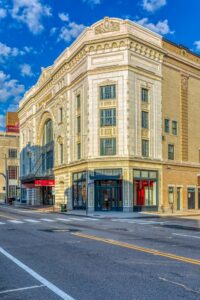 Majestic Theatre, 201 Washington Street, built in 1917 to plans of William R. Walker & Son. The ornate terra cotta facade now houses the Trinity Repertory Company.