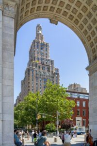 One Fifth Avenue is a landmark apartment building overlooking Washington Square in Greenwich Village.