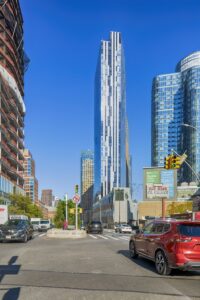 Toren, at 150 Myrtle Avenue, has a distictive black-and-white metal and glass facade. The downtown Brooklyn condo tower was designed by Skidmore, Owings & Merrill.