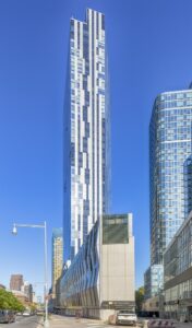 Toren, at 150 Myrtle Avenue, has a distictive black-and-white metal and glass facade. The downtown Brooklyn condo tower was designed by Skidmore, Owings & Merrill.