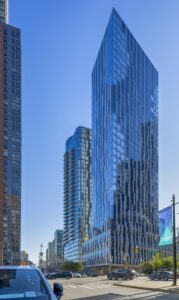 Toren, at 150 Myrtle Avenue, has a distictive black-and-white metal and glass facade. The downtown Brooklyn condo tower was designed by Skidmore, Owings & Merrill.