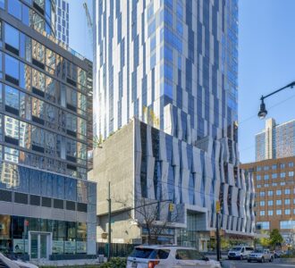 Toren, at 150 Myrtle Avenue, has a distictive black-and-white metal and glass facade. The downtown Brooklyn condo tower was designed by Skidmore, Owings & Merrill.