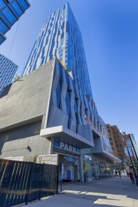 Toren, at 150 Myrtle Avenue, has a distictive black-and-white metal and glass facade. The downtown Brooklyn condo tower was designed by Skidmore, Owings & Merrill.