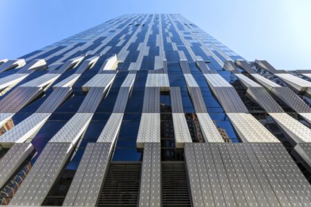 Toren, at 150 Myrtle Avenue, has a distictive black-and-white metal and glass facade. The downtown Brooklyn condo tower was designed by Skidmore, Owings & Merrill.