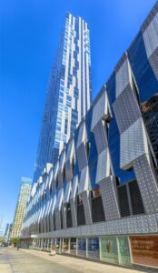 Toren, at 150 Myrtle Avenue, has a distictive black-and-white metal and glass facade. The downtown Brooklyn condo tower was designed by Skidmore, Owings & Merrill.