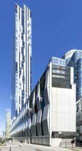 Toren, at 150 Myrtle Avenue, has a distictive black-and-white metal and glass facade. The downtown Brooklyn condo tower was designed by Skidmore, Owings & Merrill.