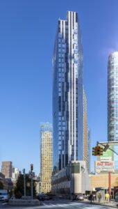 Toren, at 150 Myrtle Avenue, has a distictive black-and-white metal and glass facade. The downtown Brooklyn condo tower was designed by Skidmore, Owings & Merrill.