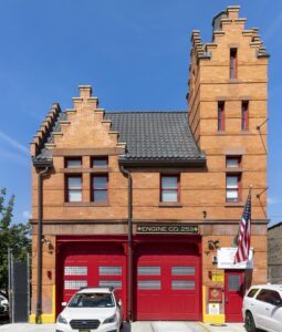 The City of Brooklyn built this fire station in Bensonhurst just two years before the borough merged with New York City. The station, at 2425 86th Street, originally housed Engine Company 53; later 153, before becoming 253. The Dutch Renaissance style reflects Bensonhurst’s Dutch origins.