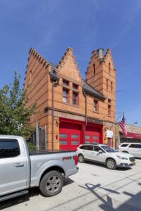 The City of Brooklyn built this fire station in Bensonhurst just two years before the borough merged with New York City. The station, at 2425 86th Street, originally housed Engine Company 53; later 153, before becoming 253. The Dutch Renaissance style reflects Bensonhurst’s Dutch origins.