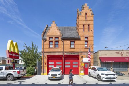 The City of Brooklyn built this fire station in Bensonhurst just two years before the borough merged with New York City. The station, at 2425 86th Street, originally housed Engine Company 53; later 153, before becoming 253. The Dutch Renaissance style reflects Bensonhurst’s Dutch origins.
