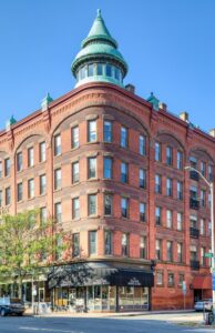 Linden Building, built in 1891, is a Main Street landmark with its copper-topped cupola. Now condominiums.
