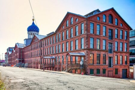 Colt Firearms Factory, on Van Dyke Avenue, with its distinctive gold star-spangled blue onion dome.