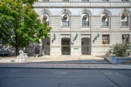 Lions guard the Arch Street entrance to the Hartford Municipal Building (City Hall).