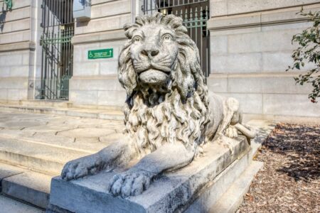 Lions guard the Arch Street entrance to the Hartford Municipal Building (City Hall).