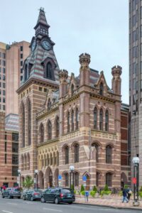 New Haven’s City Hall was built in 1861, designed by Henry Austin; the County Courthouse annex was completed in 1873, designed by David R. Brown.