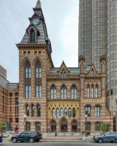 New Haven’s City Hall was built in 1861, designed by Henry Austin; the County Courthouse annex was completed in 1873, designed by David R. Brown.