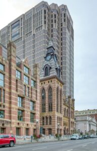 New Haven’s City Hall was built in 1861, designed by Henry Austin; the County Courthouse annex was completed in 1873, designed by David R. Brown.