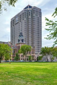 New Haven’s City Hall was built in 1861, designed by Henry Austin; the County Courthouse annex was completed in 1873, designed by David R. Brown.