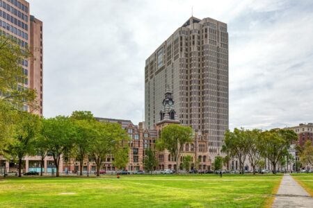 New Haven’s City Hall was built in 1861, designed by Henry Austin; the County Courthouse annex was completed in 1873, designed by David R. Brown.