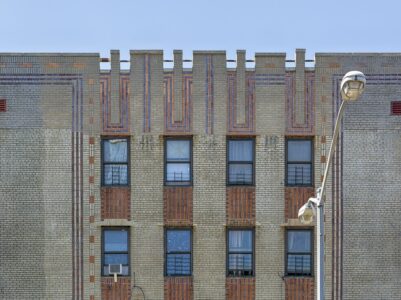 1675 Grand Concourse was designed by Jacob M. Felson in Art Deco style. The apartment building is part of the federal Grand Concourse Historic District.